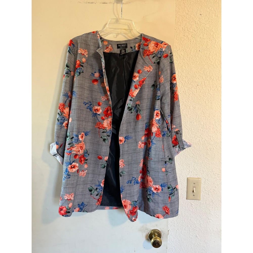 SOHO Apparel Ltd Womens Blazer Jacket Size M Plaid Floral Open Front Long Sleeve - Picture 2 of 7